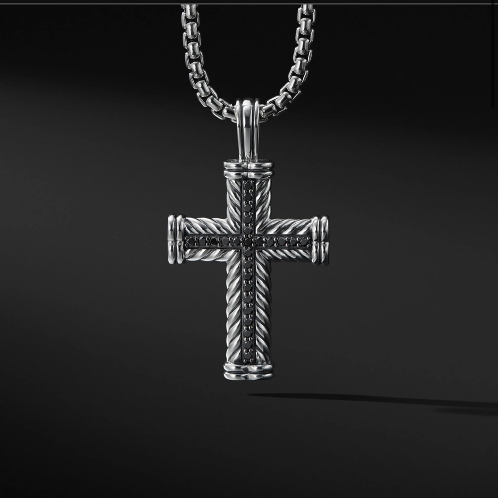 CHEVRON CROSS PENDANT IN STERLING SILVER WITH PAVÉ BLACK DIAMONDS